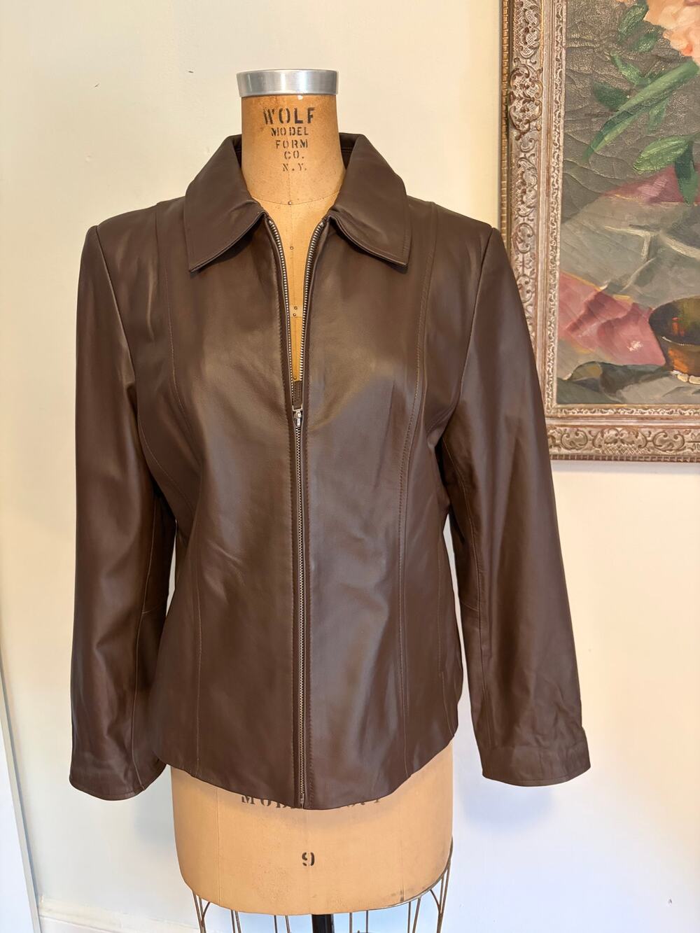 Pamela McCoy Brown Genuine Leather Jacket Women's Size 8 Zip Front Fitted